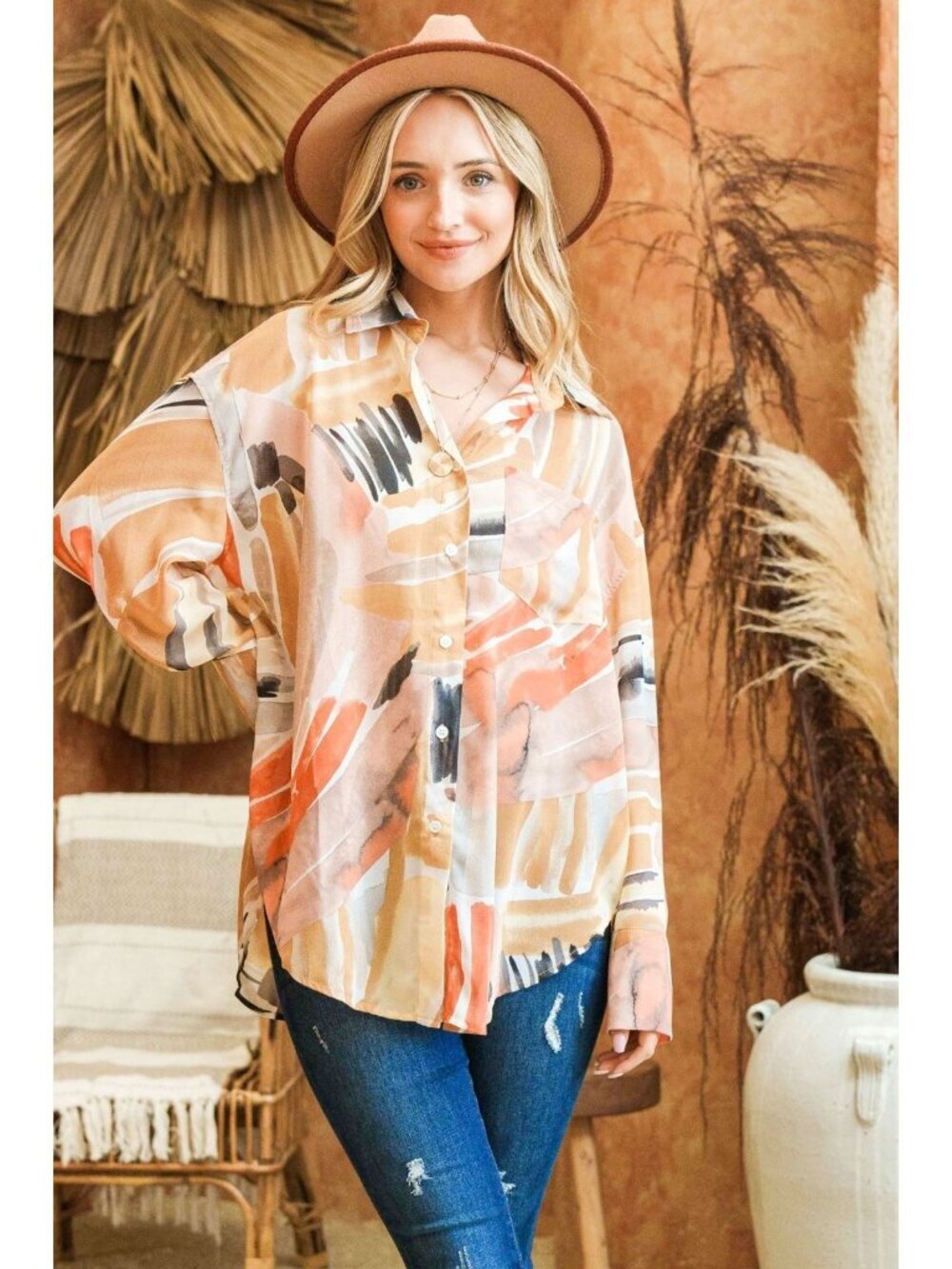 Villa Amber Oversized Button Down Shirt in Watercolor Terracotta Small - Picture 5 of 9